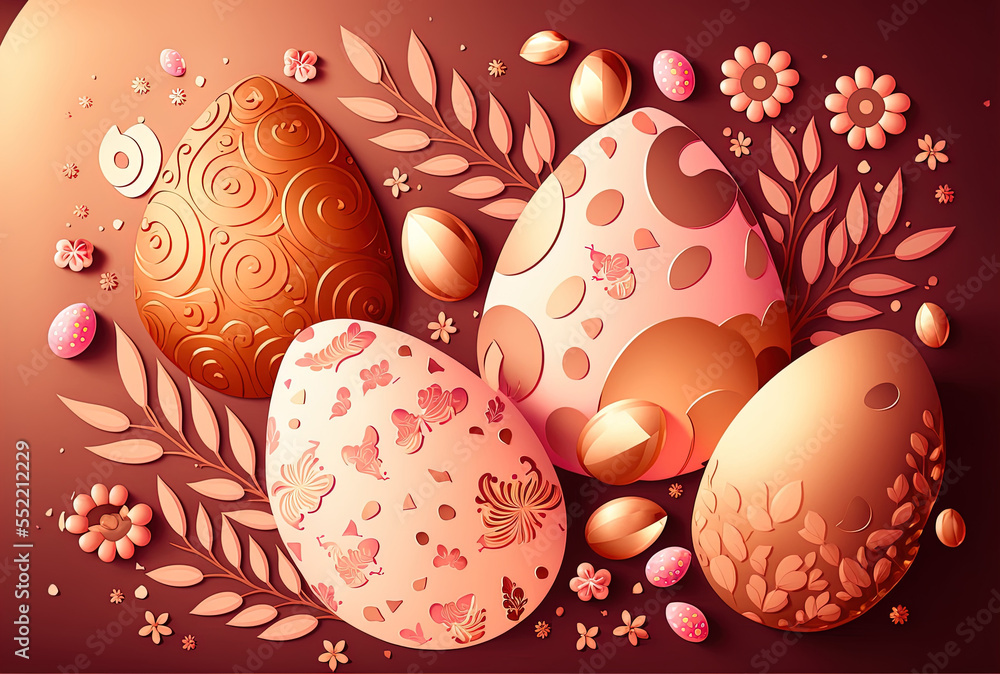 Background of an Easter product with painted eggs in rose gold. Generative AI