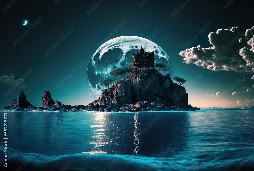 Isle in the ocean with a moonlight sky. Generative AI