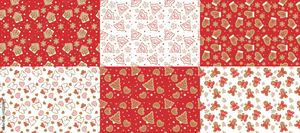 Collage of Christmas cookies on red background. Pattern for design