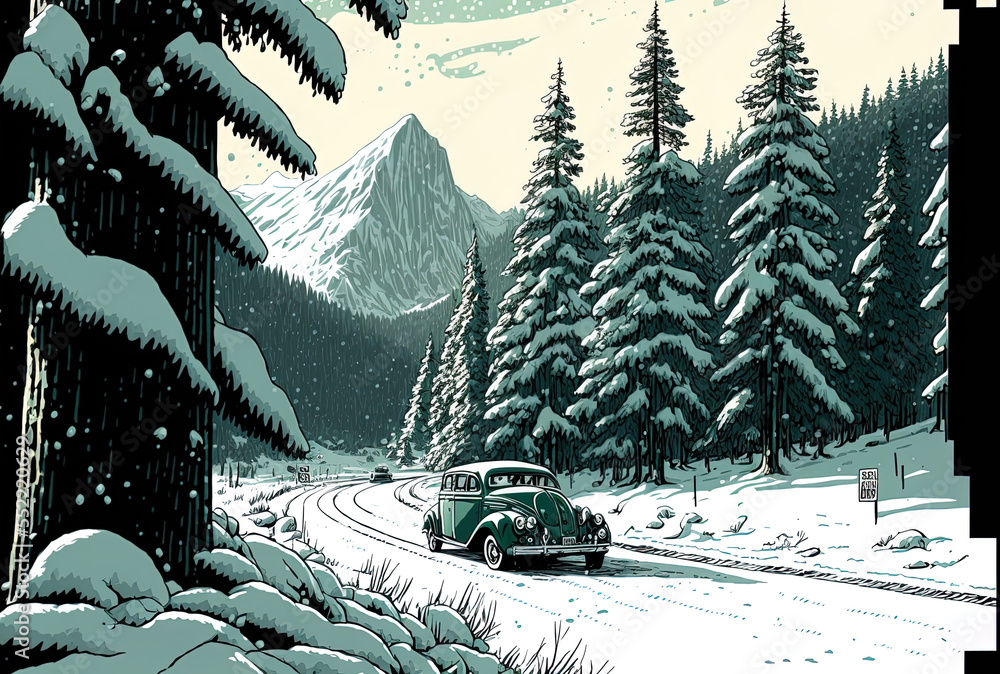 Snow covered fir trees surround a car on a route in the Alps. Generative AI