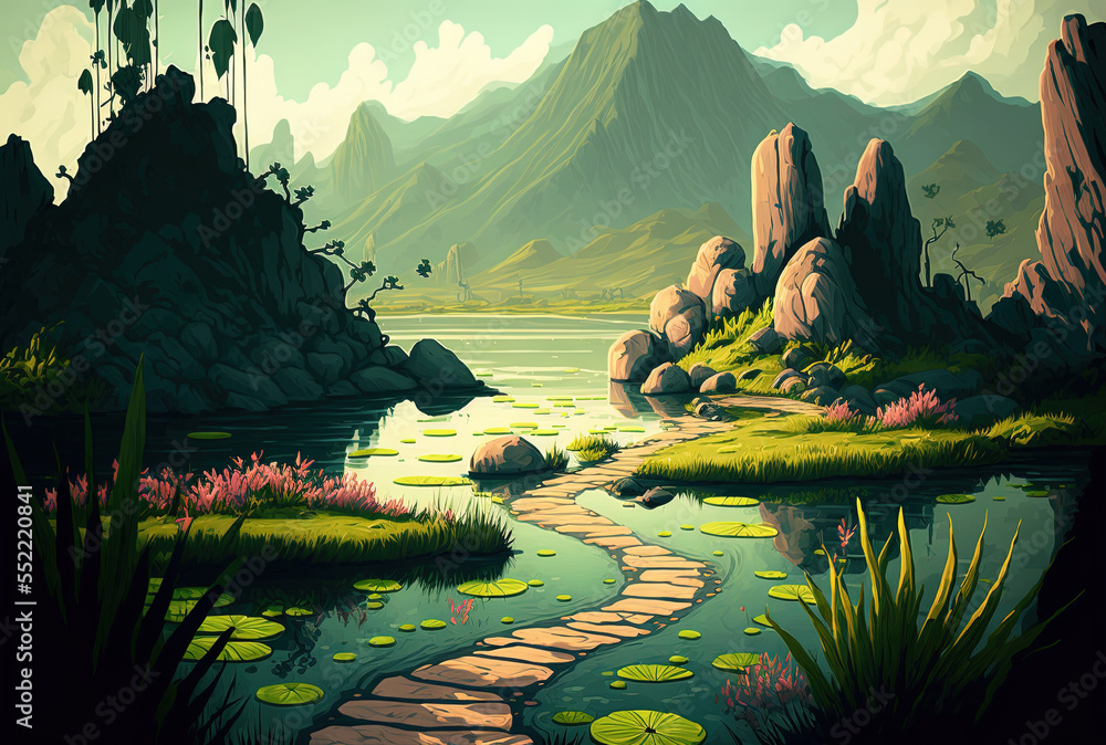 Path in a pool swamp with a mountainous backdrop. Generative AI