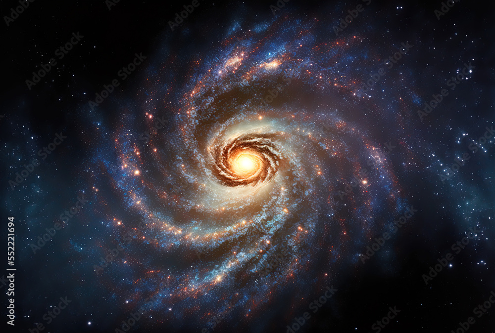 An illustration of a galaxy in the universe shows stars and space dust. Generative AI