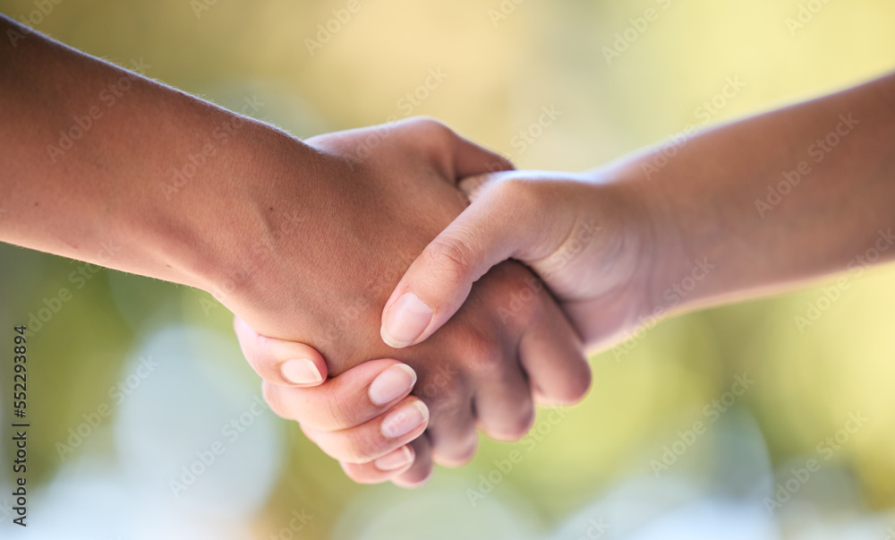 Handshake, support and hands for support in sports, fitness and exercise in outdoor park. Teamwork, 