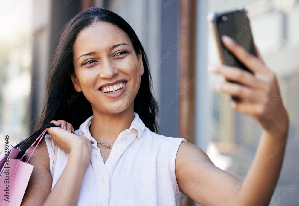 Woman, phone selfie and luxury shopping, social media and picture outdoor in Miami, shopping bag and