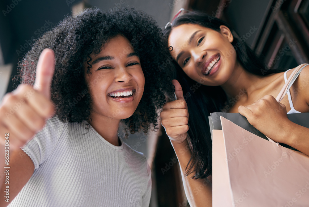 Shopping, friends and thumbs up with women excited about successful retail deal or black friday sale