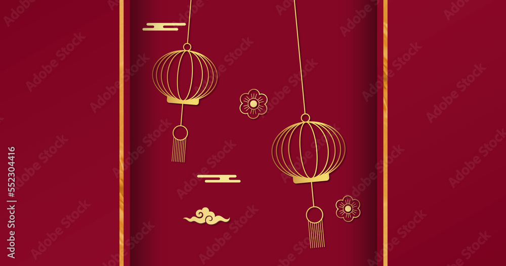 Composition of yellow stripes and lanterns with flowers and clouds on red background