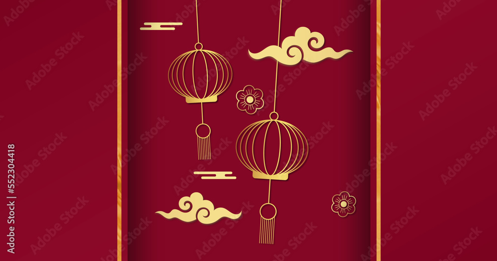 Composition of yellow stripes and lanterns with flowers and clouds on red background