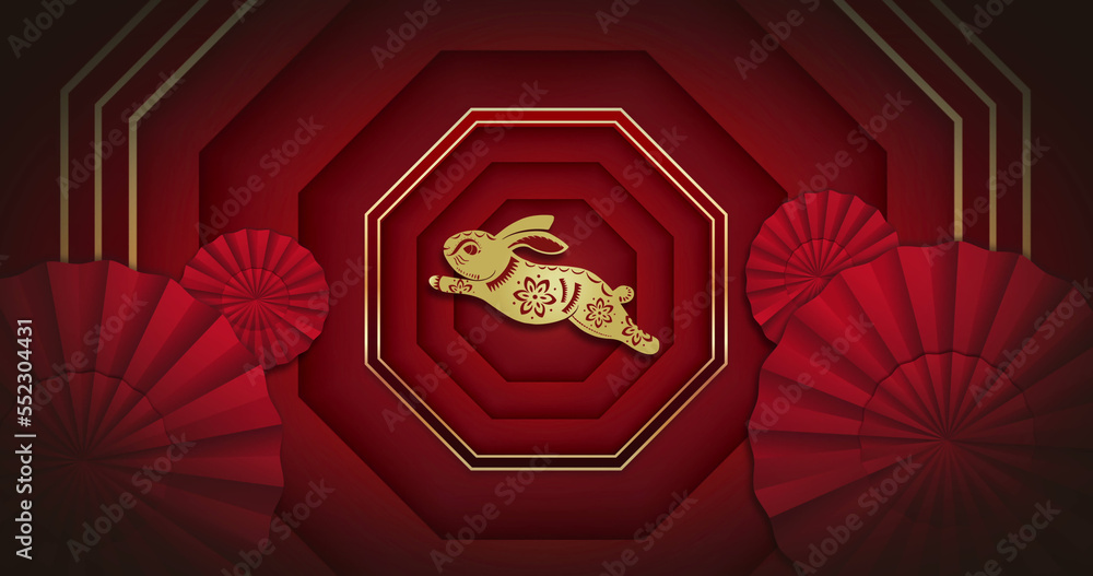 Image of rabbit and circles on red backrgound