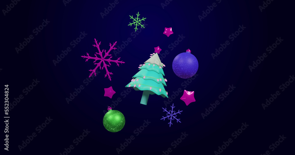 Image of spinning christmas tree and decorations on black background