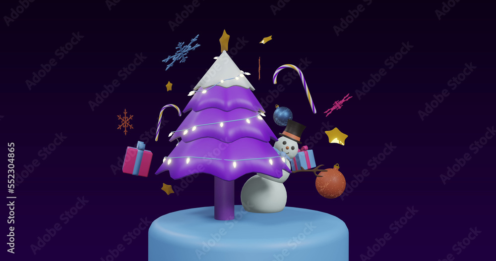 Image of spinning christmas tree and decorations on black background