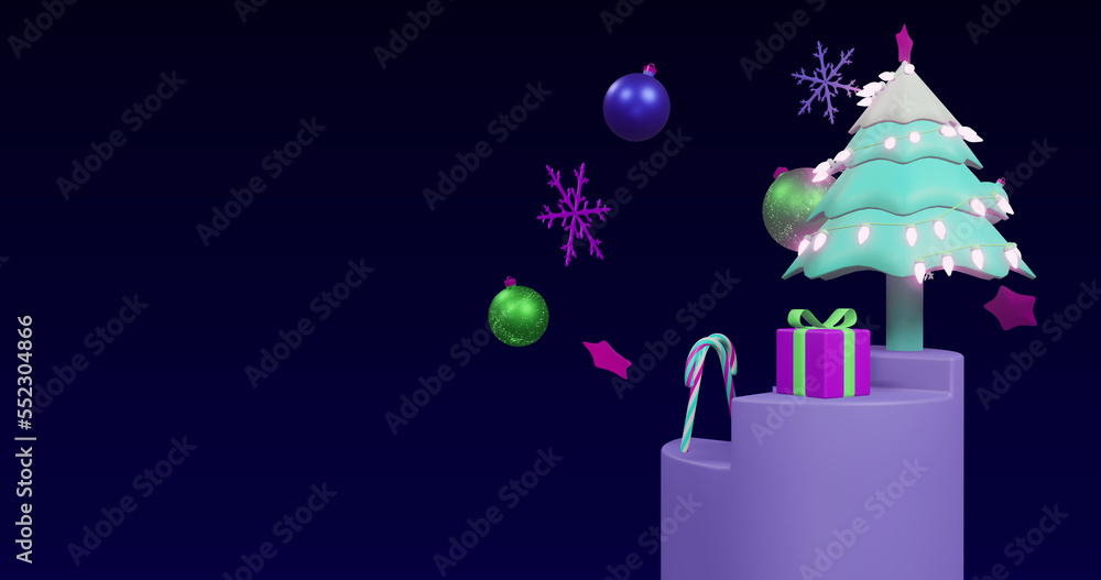 Image of spinning christmas tree and decorations on black background