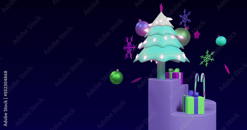 Image of spinning christmas tree and decorations on black background