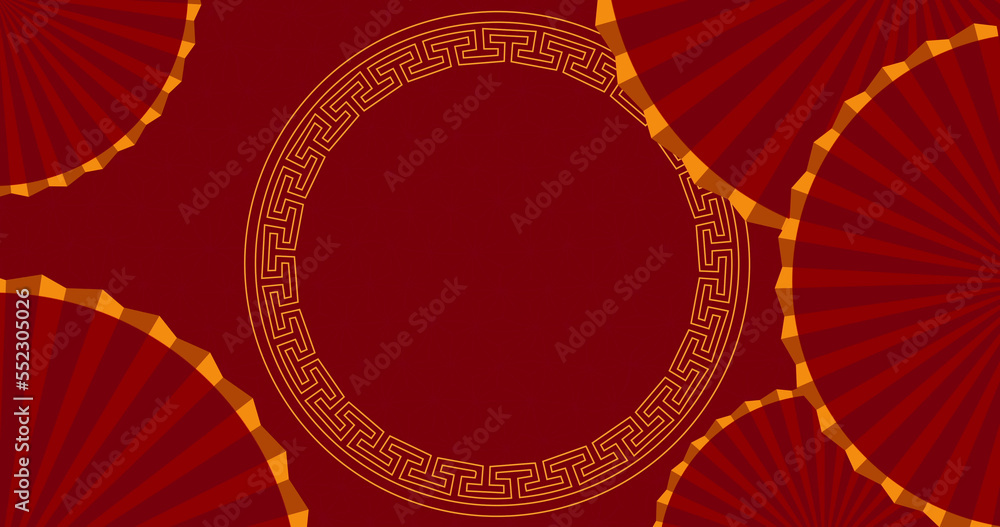 Image of chinese new year fan pattern on red background