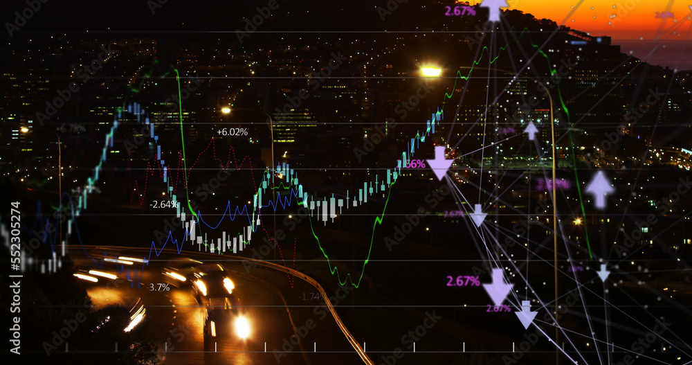 Financial curves over city by night.