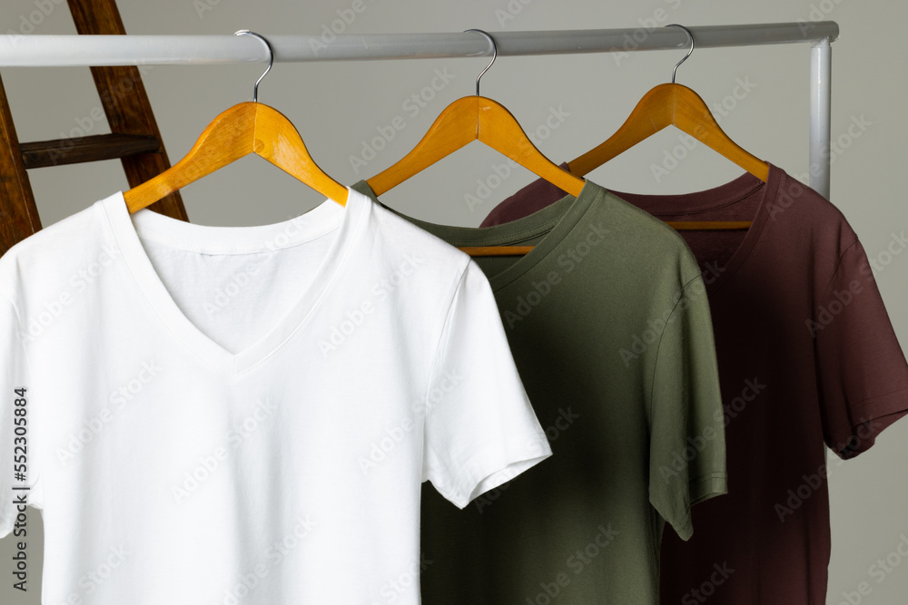 Coloured tshirts displayed on ladder and copy space on white background