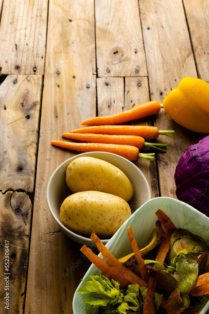 Vertical image of raw vegetables and organic vegetable waste in kitchen composting bin