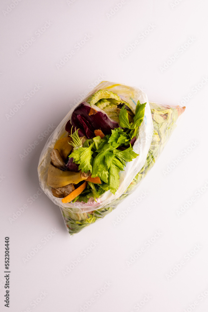 Vertical image of organic fruit and vegetable waste in kitchen composting bin