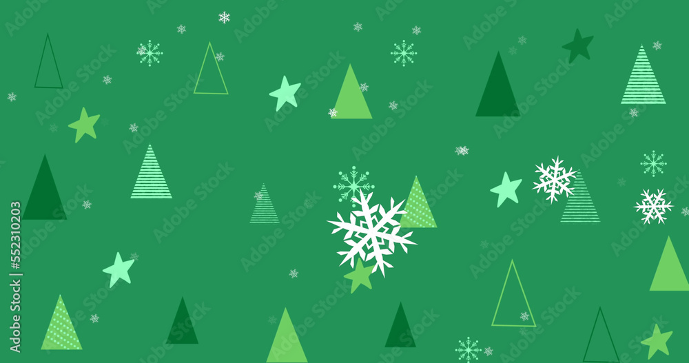 Image of green christmas tree pattern with snowflakes