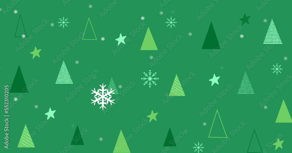 Image of green christmas tree pattern with snowflakes