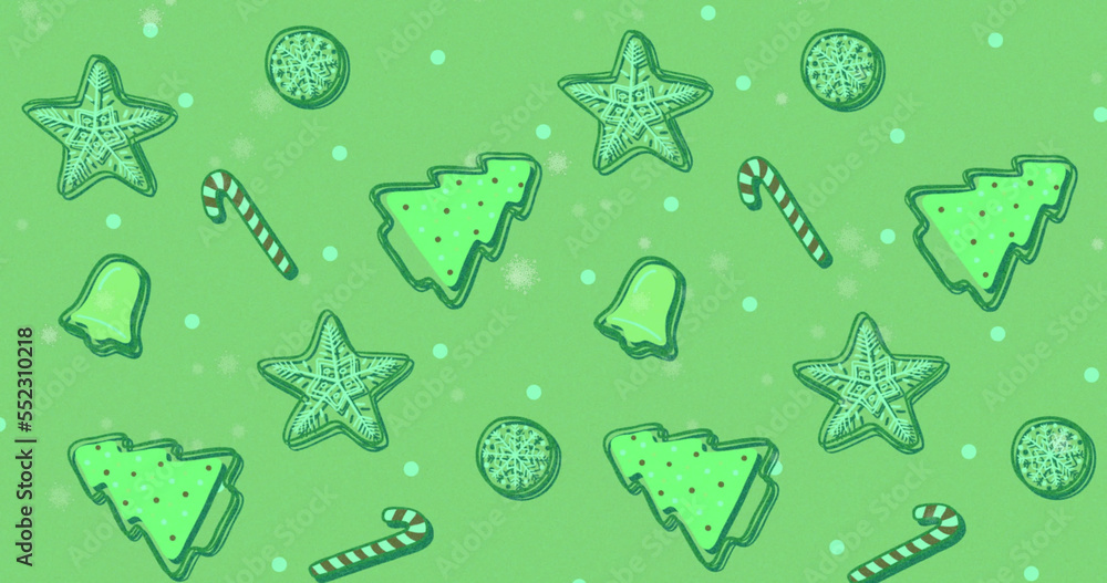 Image of green christmas pattern with cookies and candies