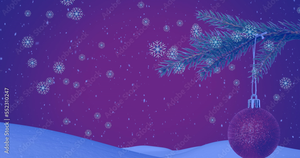 Image of snowflakes over christmas tree with baubles on purple background