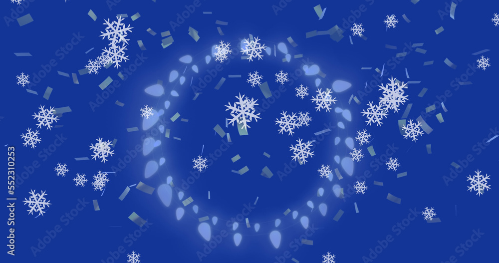 Image of snowflakes over christmas lights on blue background