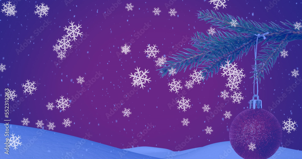 Image of snowflakes over christmas tree with baubles on purple background