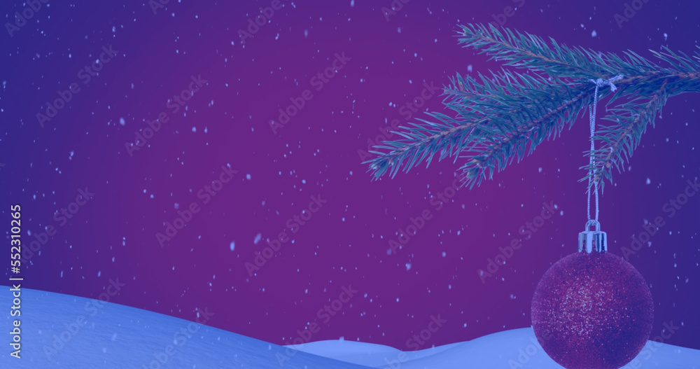 Image of snowflakes over christmas tree with baubles on purple background