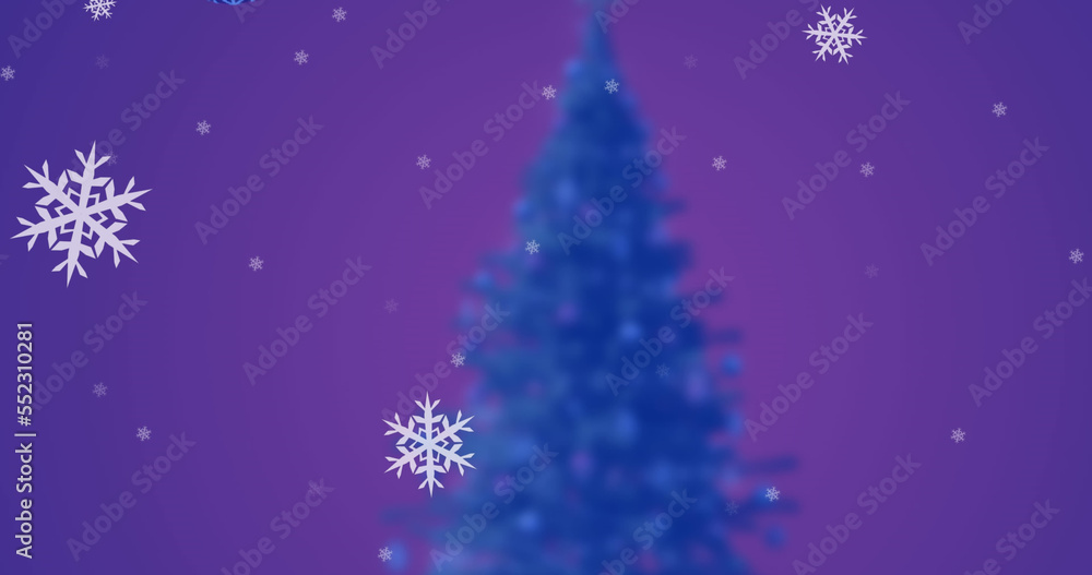 Composite of snow falling over christmas tree