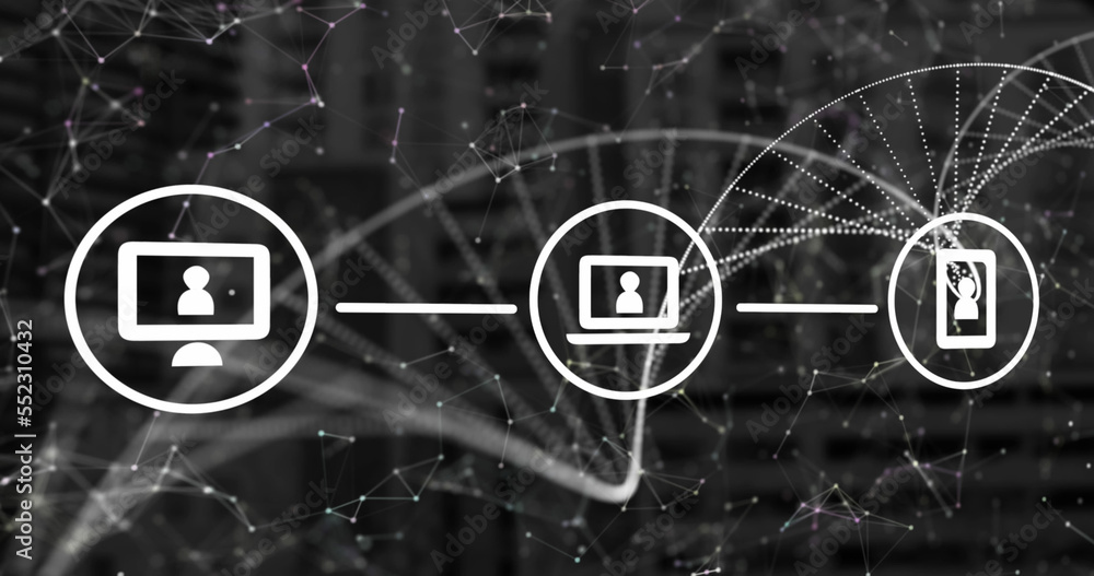 Image of dna strand spinning, icons and data processing over grid