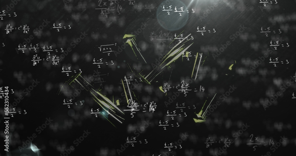 Image of mathematical equations over snowflakes on black background