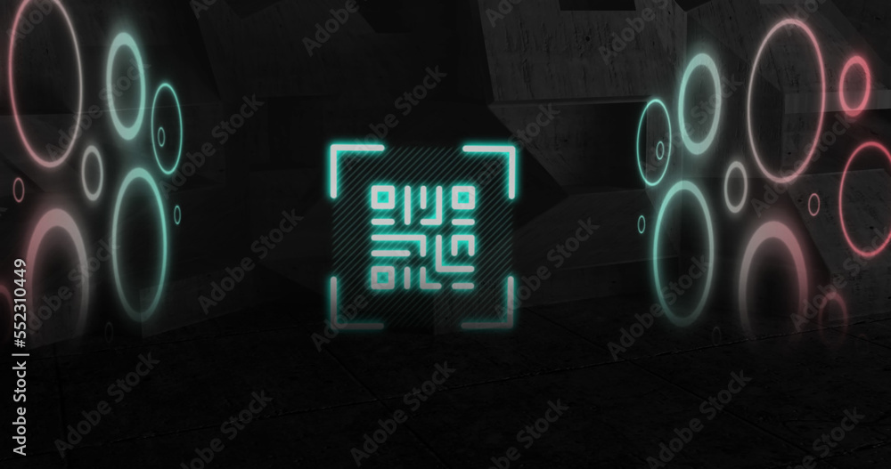 QR code scanner with neon elements against black background