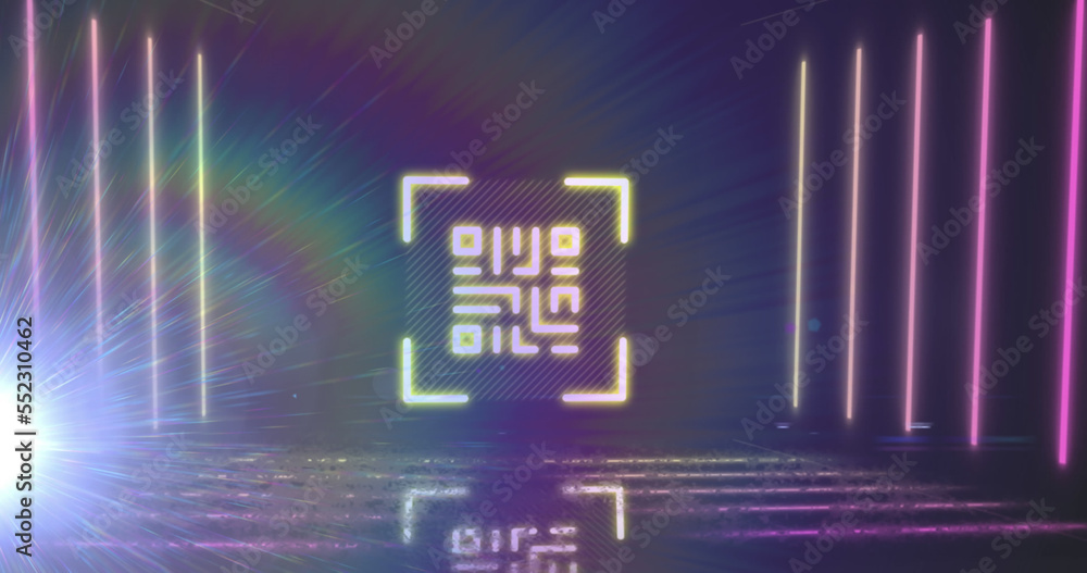 QR code scanner with neon elements against rainbow light flare