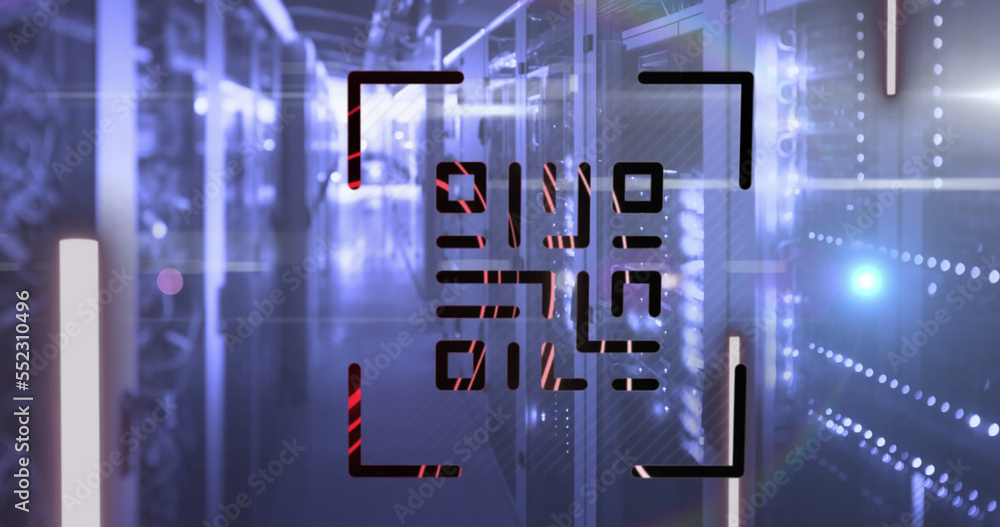 QR code scanner with neon elements against empty server room