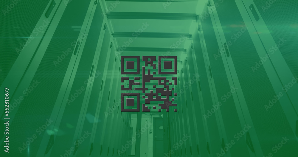 QR code scanner against data processing over empty server room