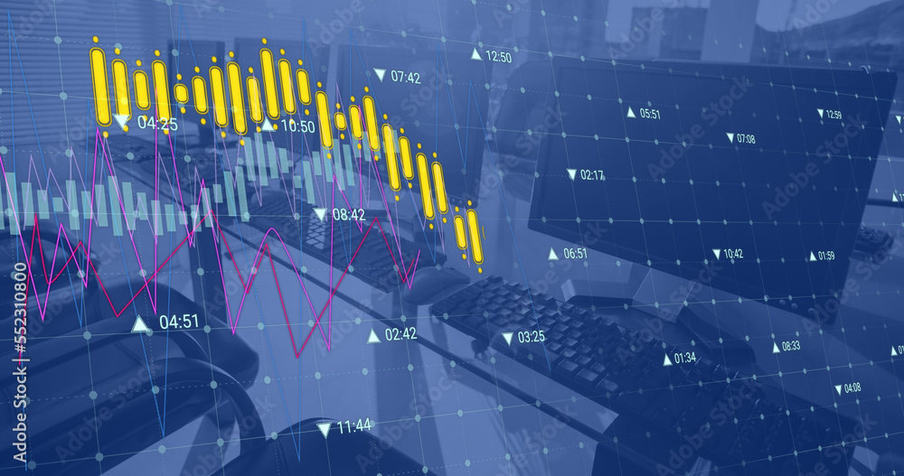 Image of financial data processing against close up of desks at office