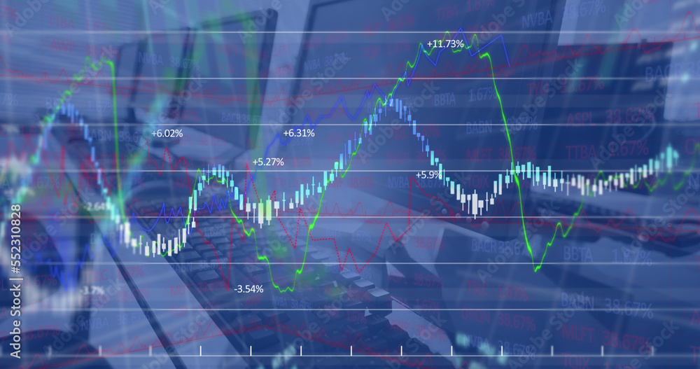 Image of financial data processing against close up of desks at office