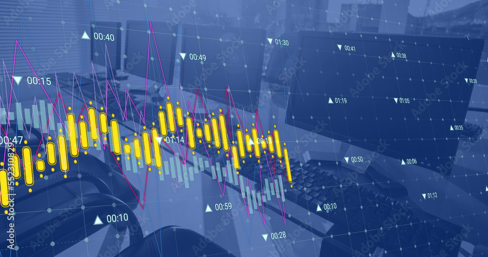 Image of financial data processing against close up of desks at office