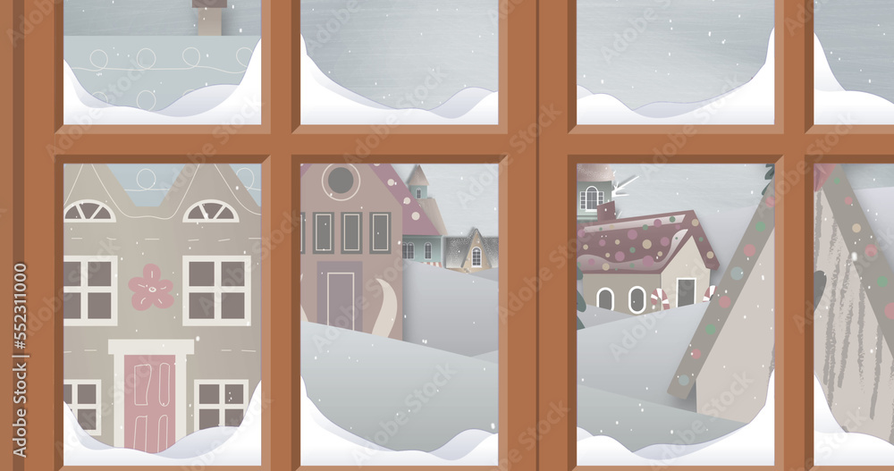 Image of window and snow falling over houses and winter landscape at christmas