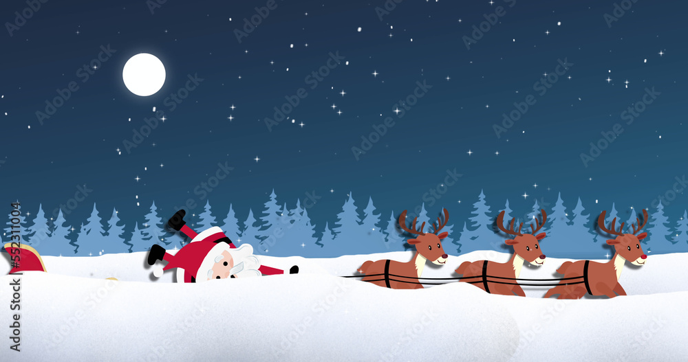 Image of snow falling over santa claus in sleigh with reindeer and winter landscape at christmas