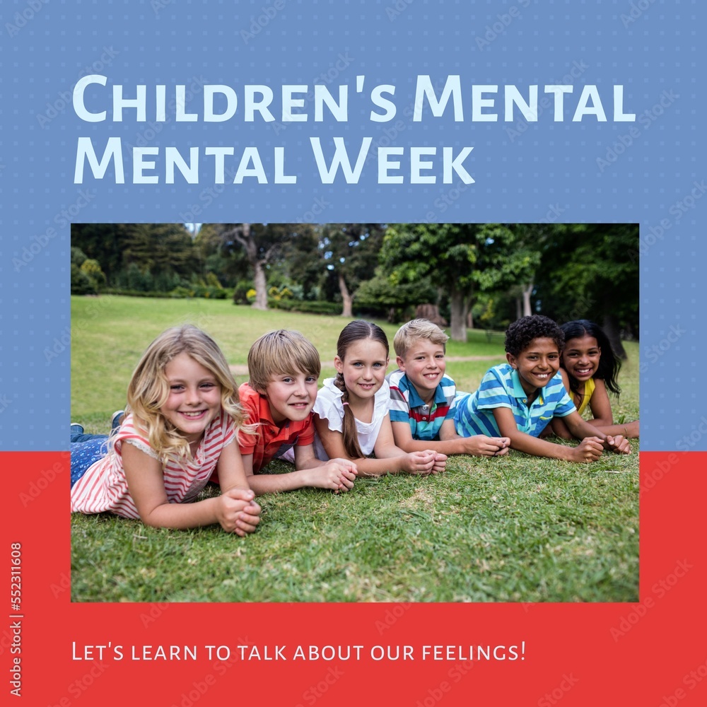 Composition of childrens mental health week text and children playing in park