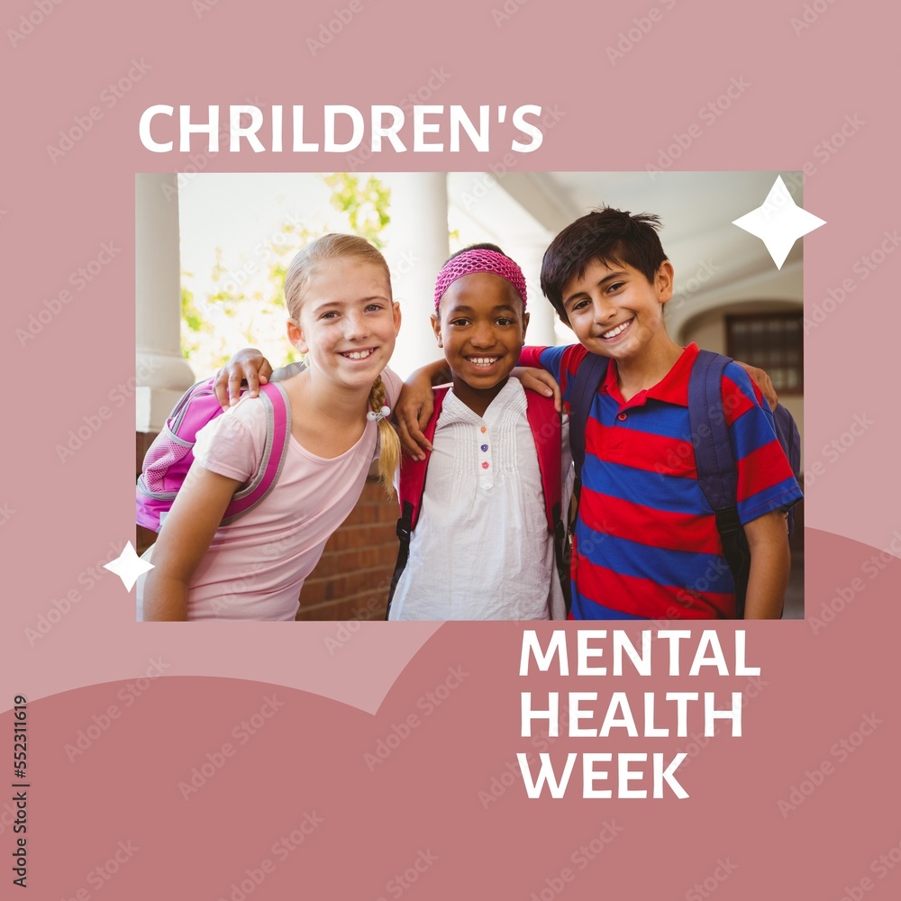 Composition of childrens mental health week text and school children smiling