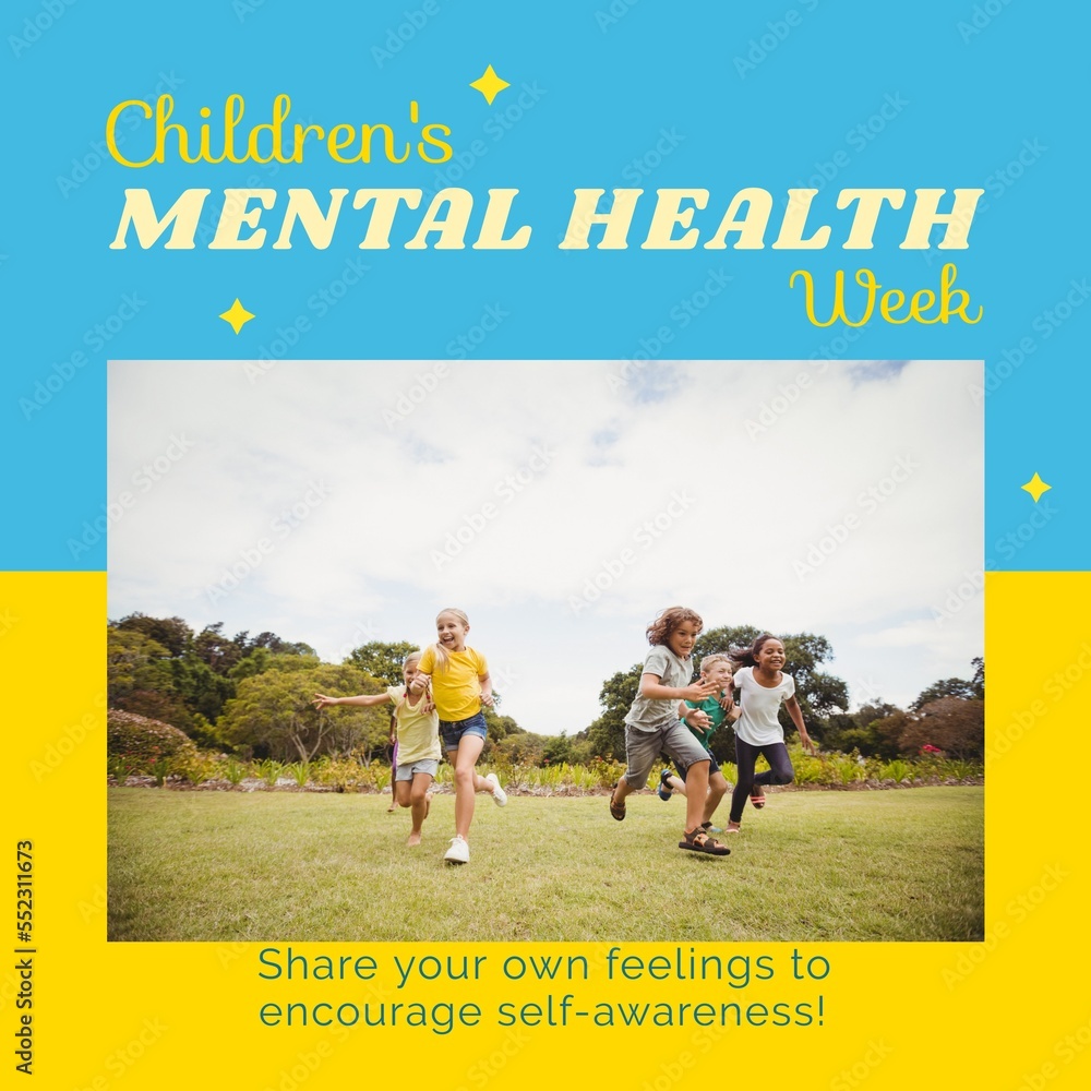 Composition of childrens mental health week text and children running in park