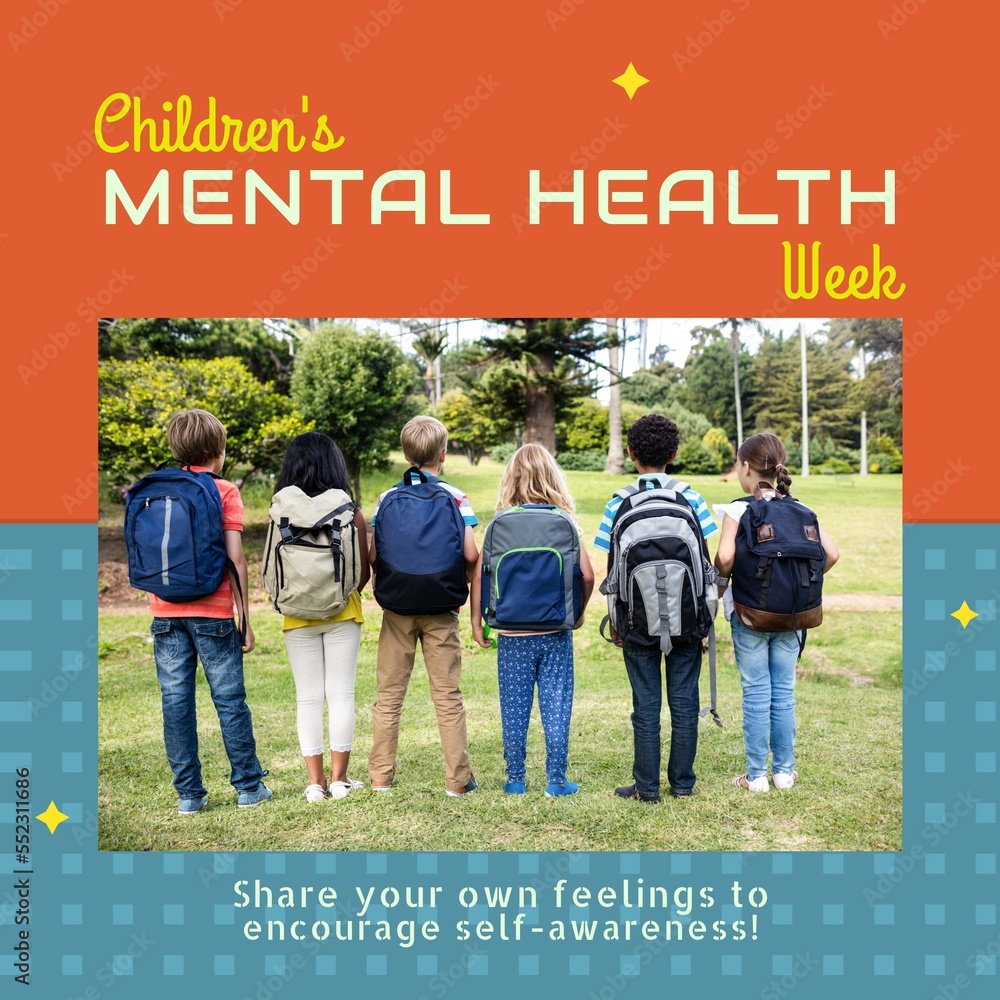 Composition of childrens mental health week text and children with backpacks in park