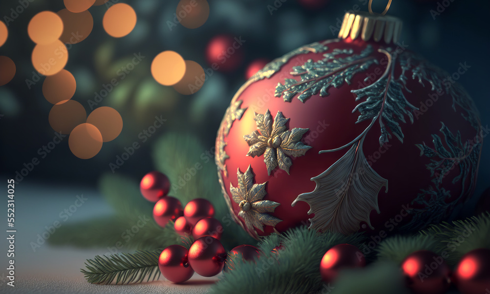 Christmas background with decorations and ornaments. Generative AI Imagery of a fictitious Xmas scen