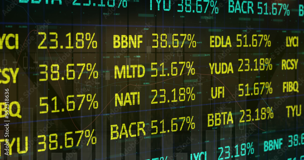 Image of stock market and financial data processing over black background