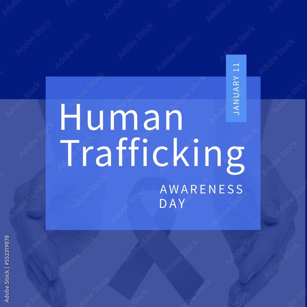 Image of human trafficking awareness day over blue background with ribbon