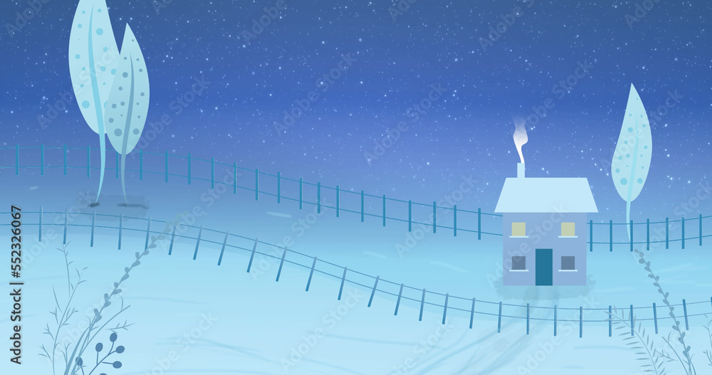 Image of snow falling over house in winter landscape