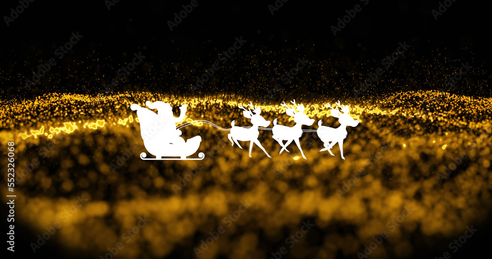 Image of santa claus in sleigh with reindeer over snow falling on black and golden background