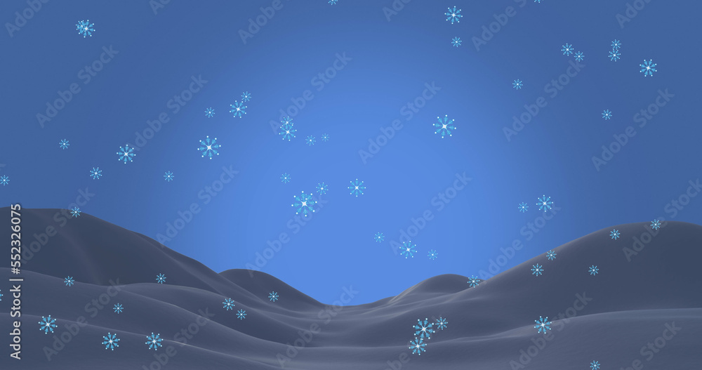 Image of snowflakes falling over snow and blue background